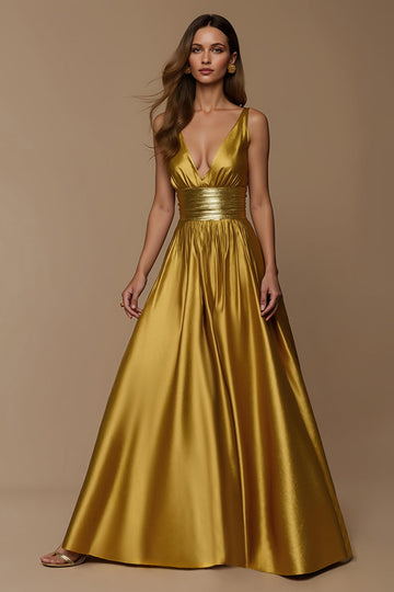 Satin métallisé doré col V profond Robe de vacances trapèze
